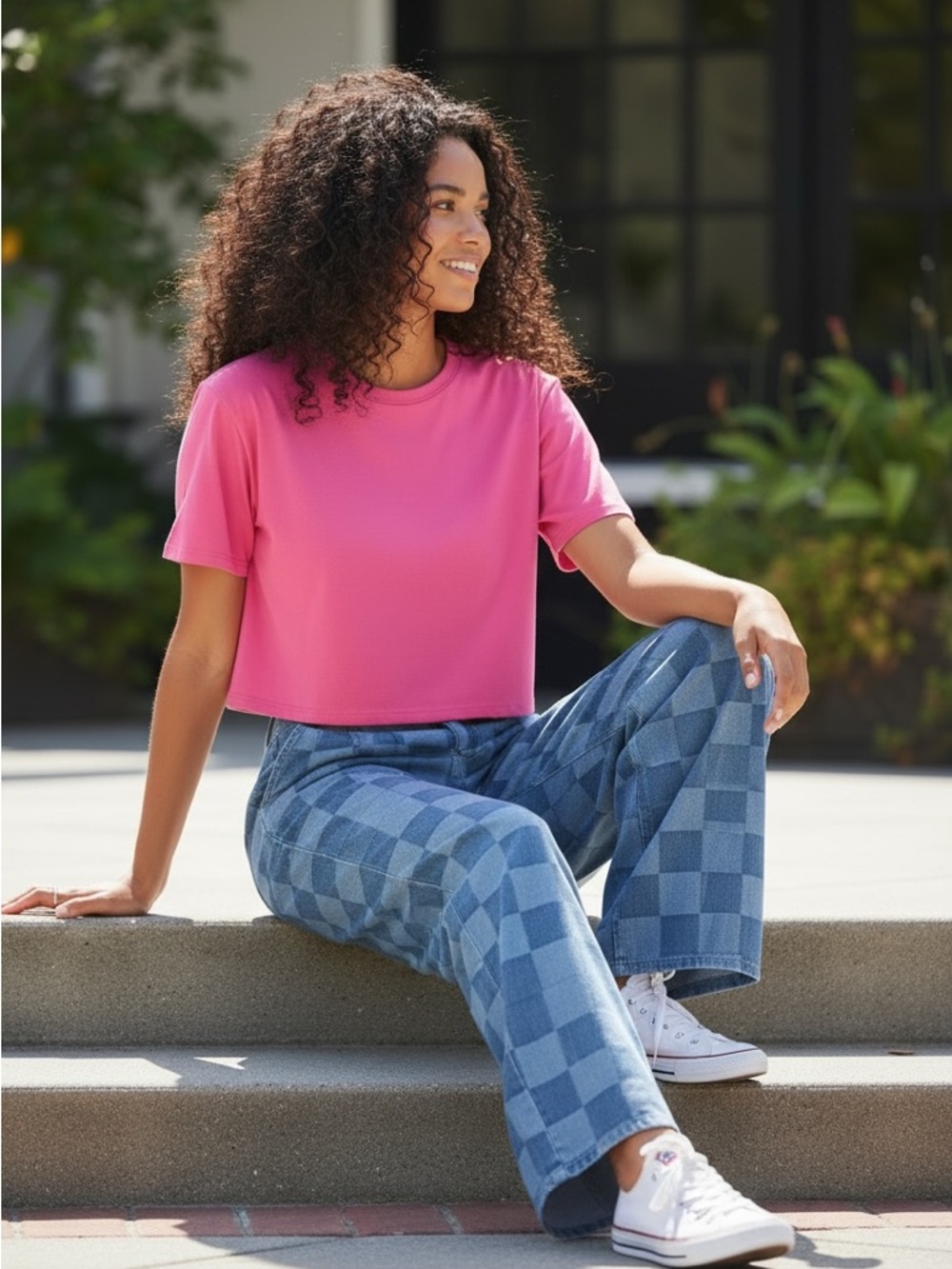 1198. Checkered Wide Leg Denim Jeans - Picture 3 of 4